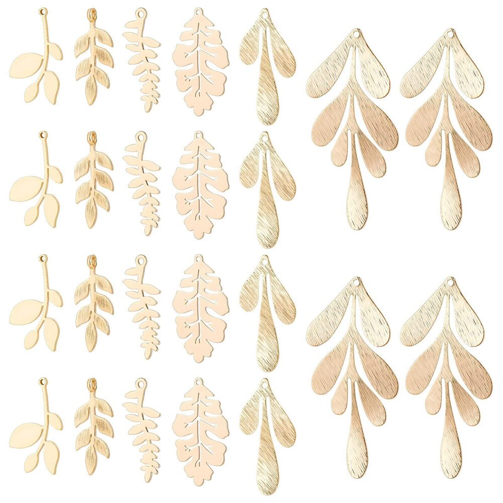 9344 24Pcs Real 18K Gold Plated Metal Leaf Charms, 6 Styles Brass Pendants